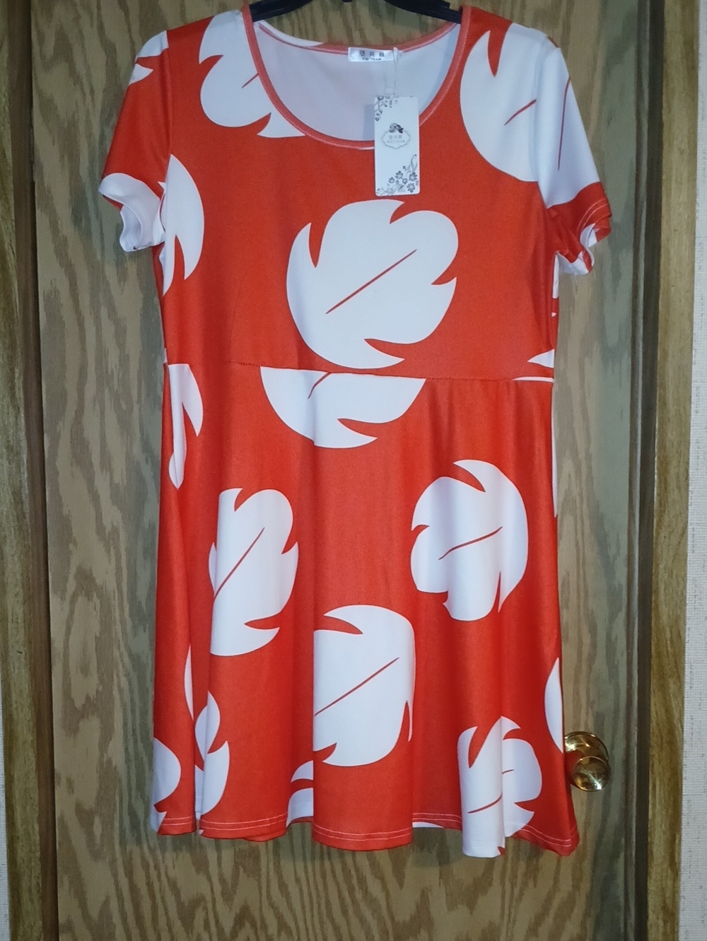 Orange and White Leaf Print Short Sleeve Dress